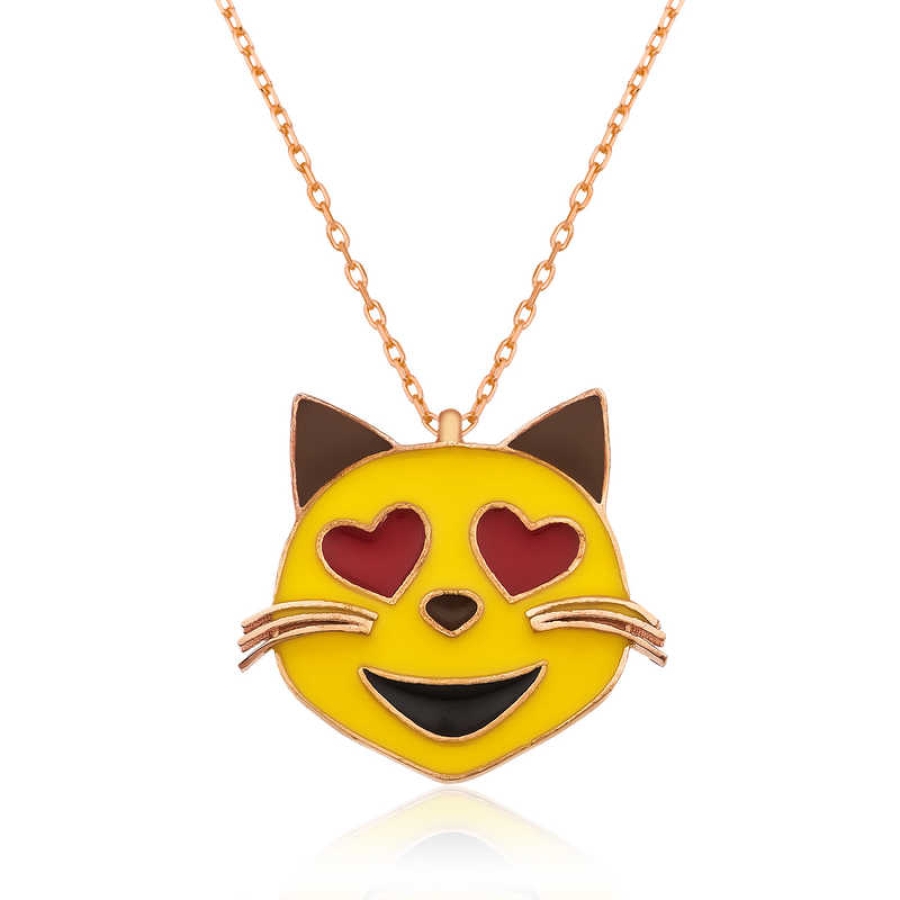 Silver Heart-Eyed Cat Emoji Necklace 