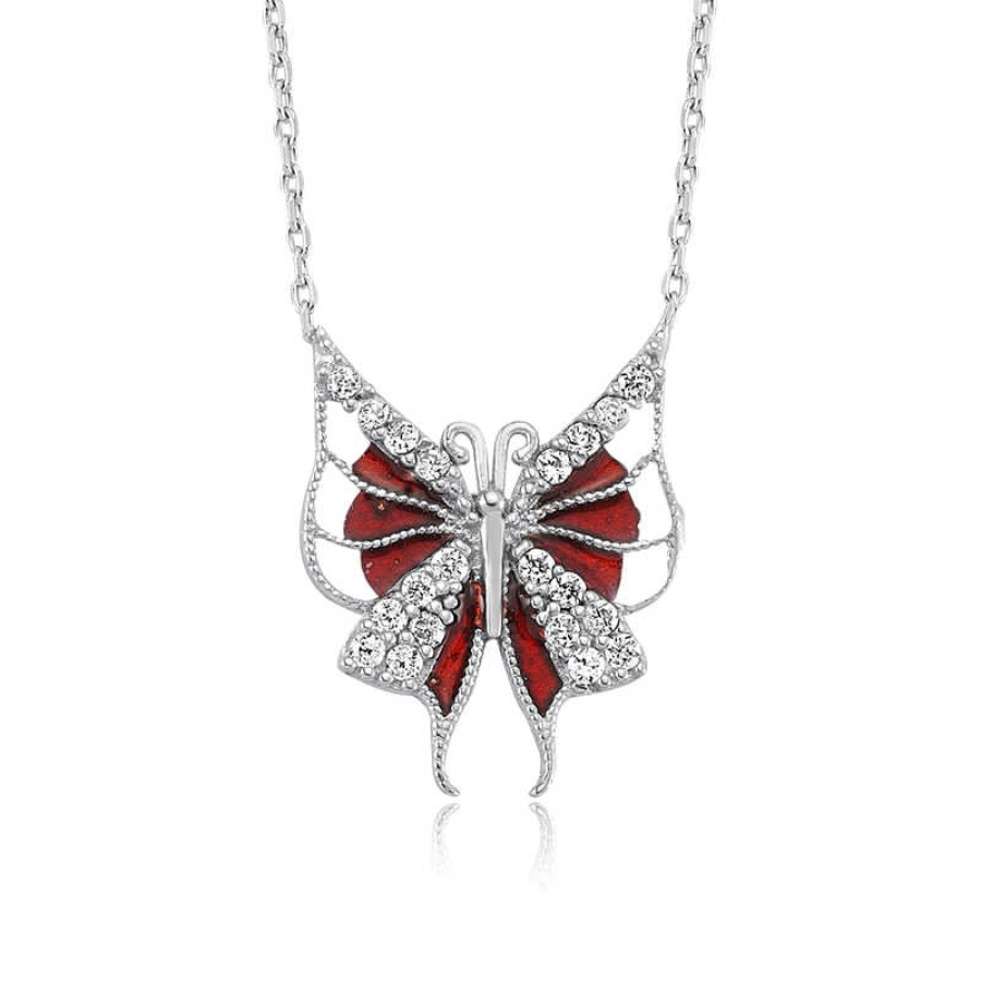 Silver Red Butterfly Women's Necklace
