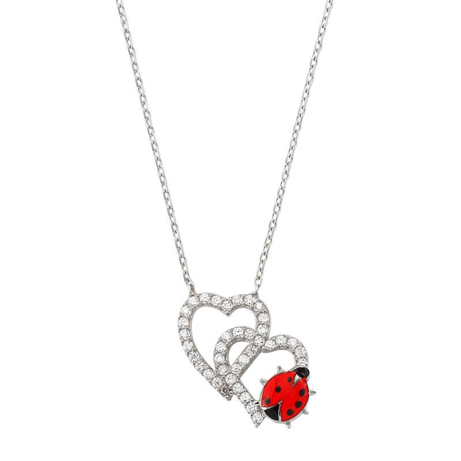 Silver Ladybug Double Heart Women’s Necklace