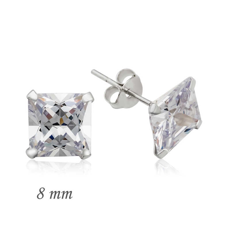 Silver Square Single Stone Zircon Earrings - 8 mm