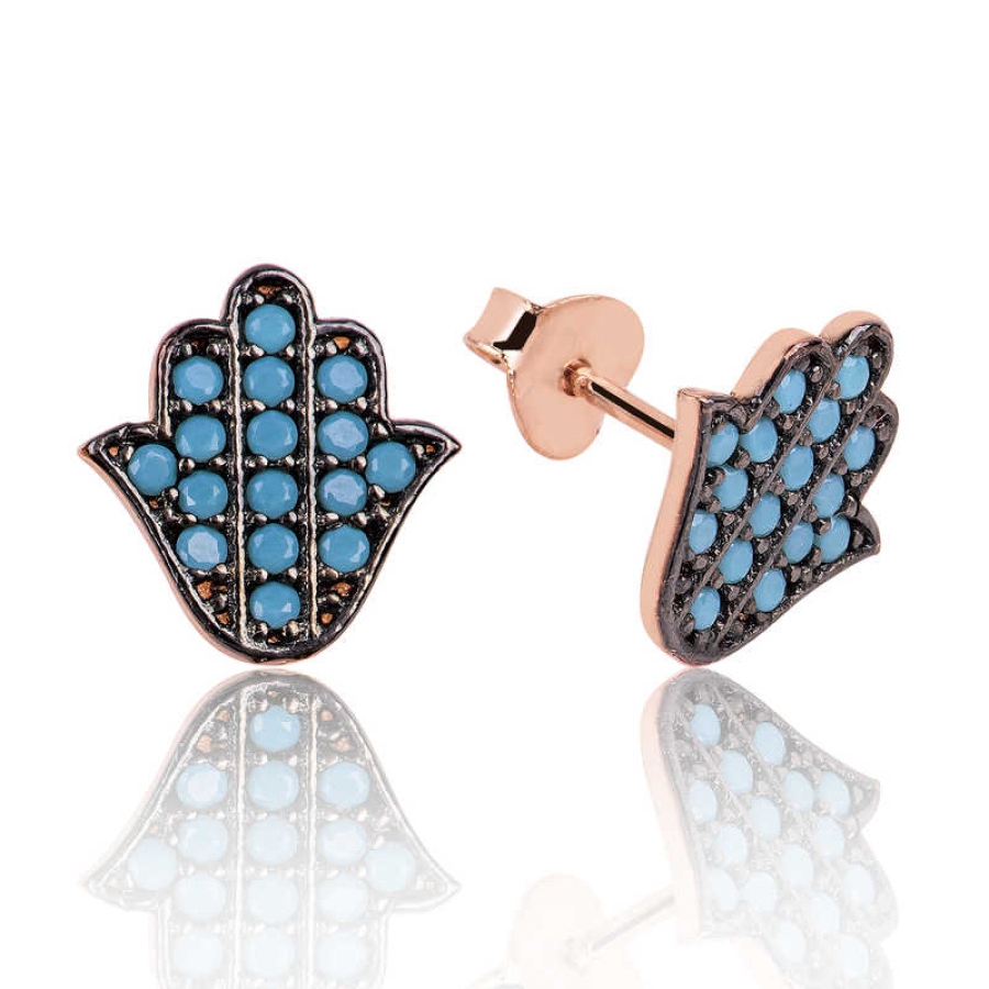 Silver Turquoise Stone Fatima Hand Stud Earrings