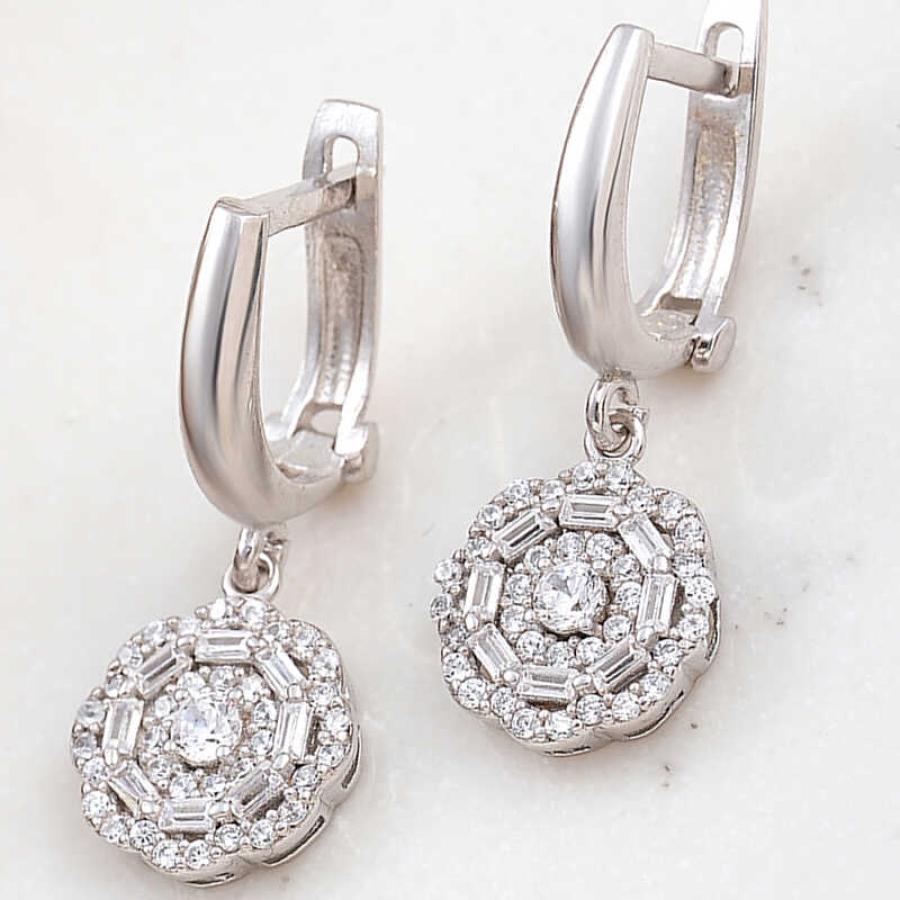 Silver Zircon Stone Flower Earrings 