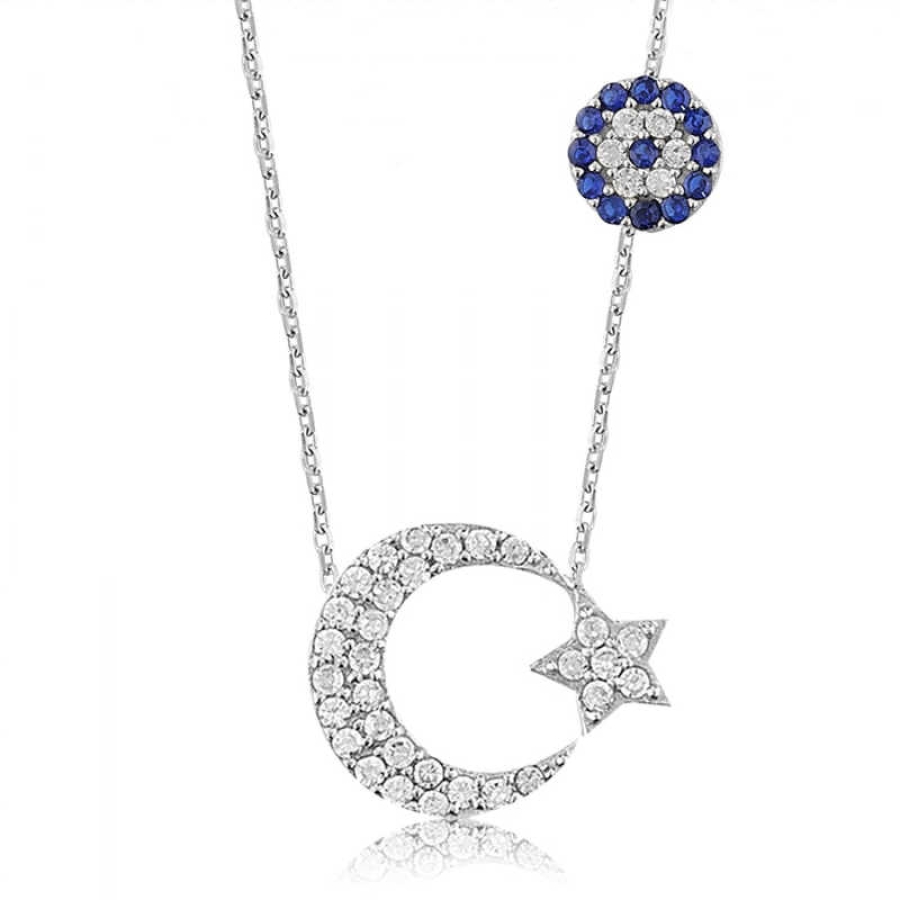 Sterling Silver 925 Crescent Star Necklace 